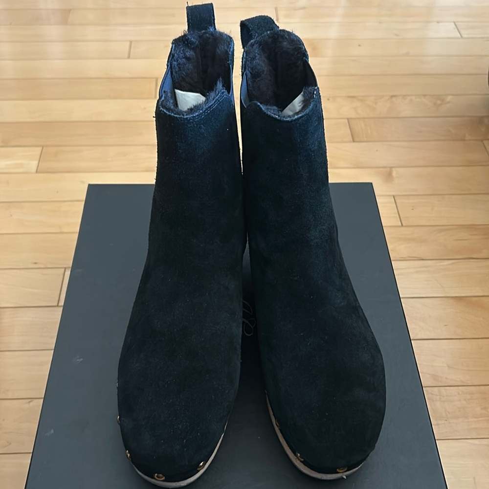 J Crew Suede Chelsea Clog Boot with Faux Fur